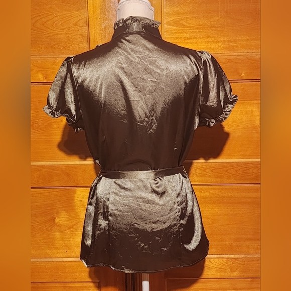 Olive green ruffle silky blouse - Picture 3 of 6